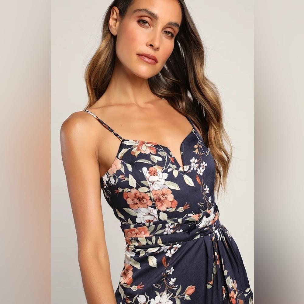 Lulus My Favorite Day Navy Blue Floral Print Tulip Skirt Midi Dress - Picture 2 of 8
